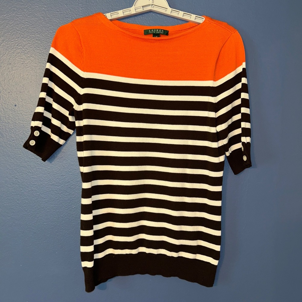 Lauren Ralph Lauren Striped Colorblock Knit Top Nautical Preppy Womens L Orange - Picture 2 of 7